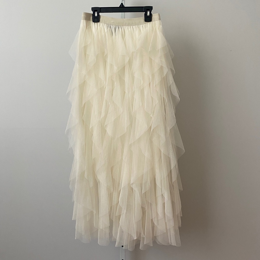 Soho Apparel Tulle Fairy Ethereal Boho Dainty Ruffle Tiered Maxi Skirt M Cream